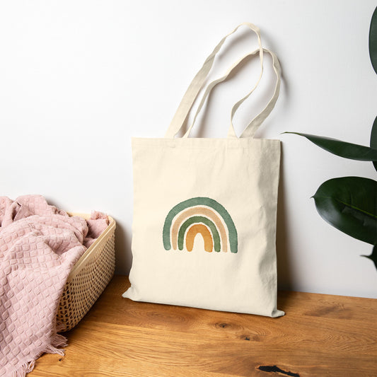 Earth Tone Rainbow Tote Bag – Minimal Boho Cotton Canvas Reusable Shopper