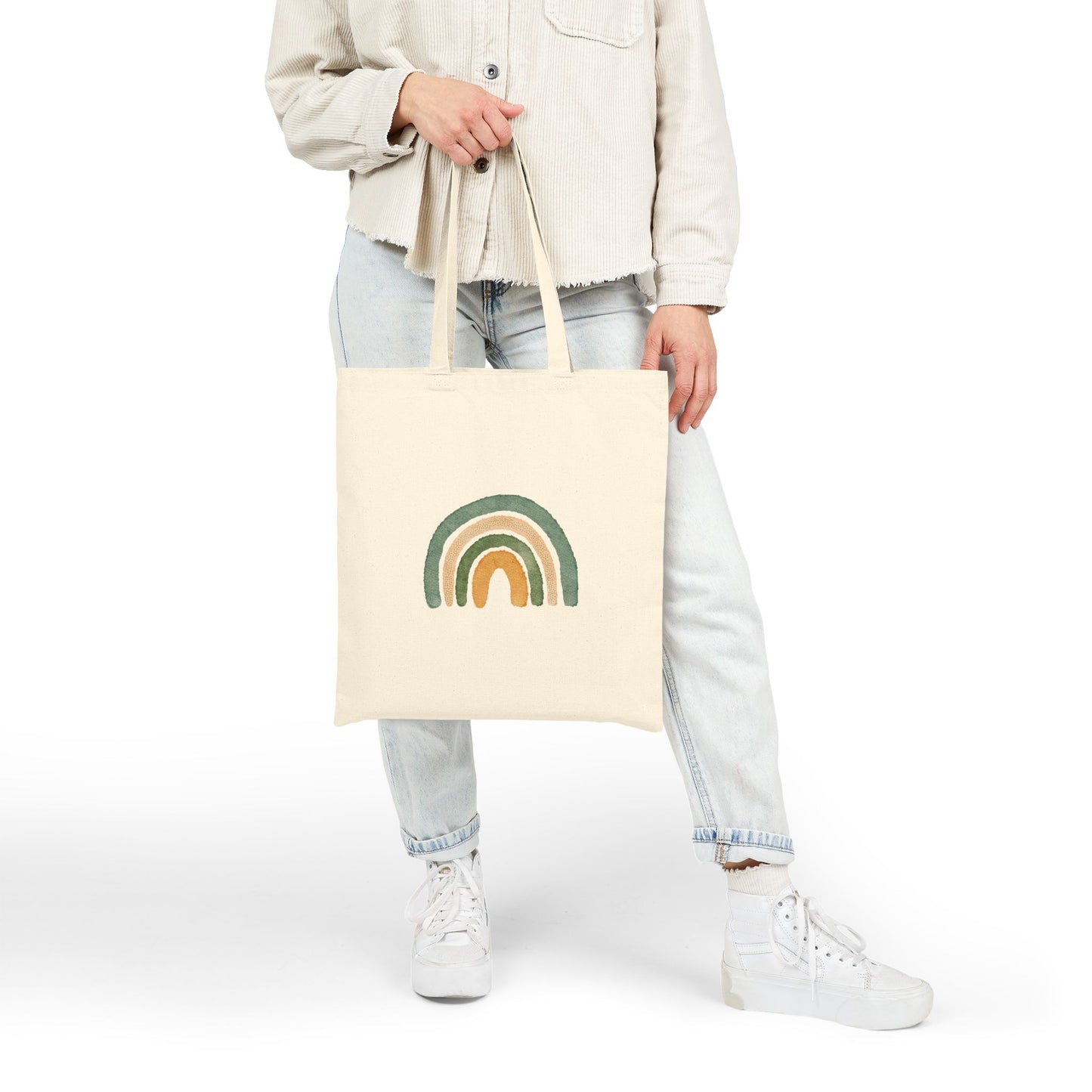 Earth Tone Rainbow Tote Bag – Minimal Boho Cotton Canvas Reusable Shopper