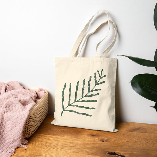 Green Fern Illustration Tote Bag – Botanical Cotton Canvas Reusable Shopper