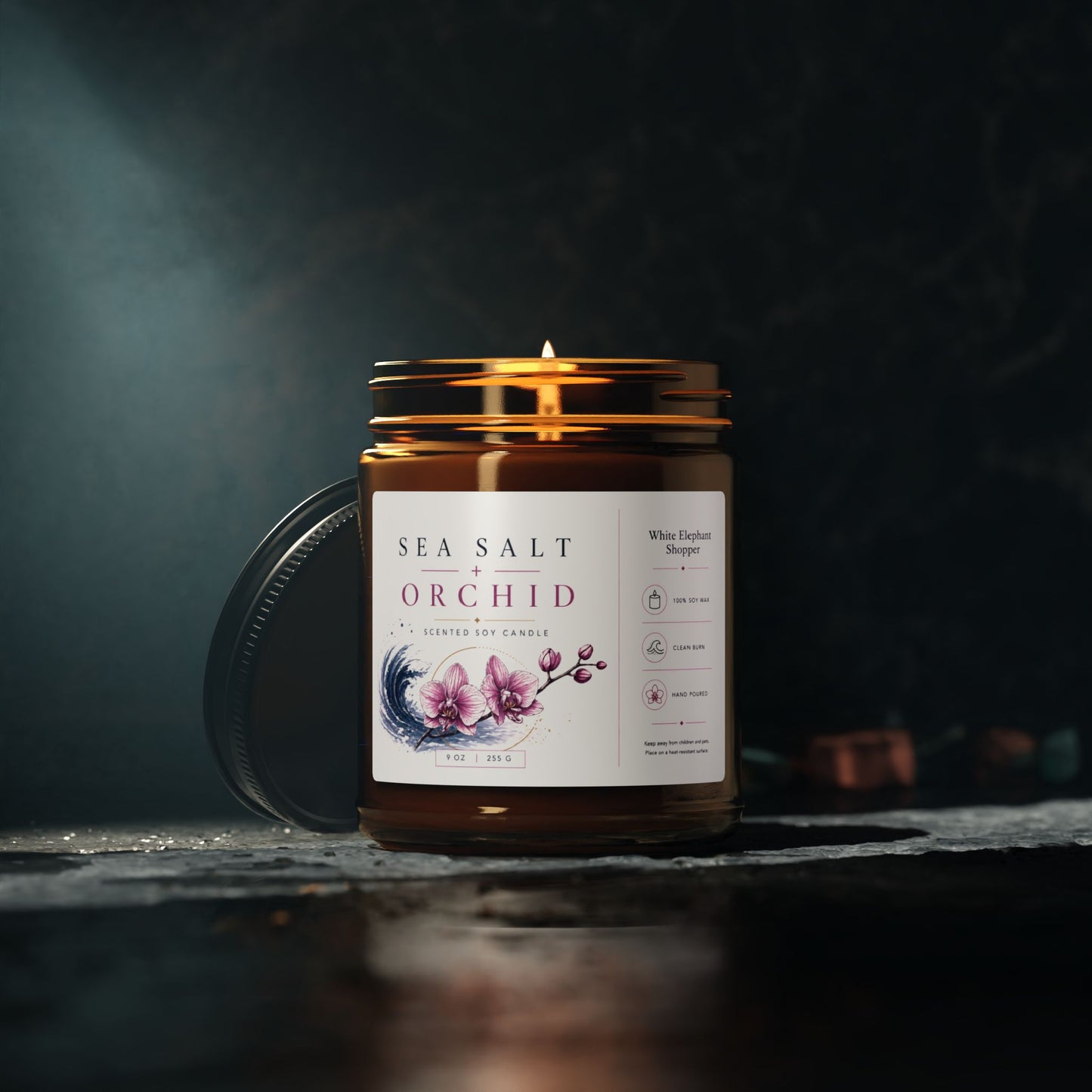 Sea Salt Orchid Amber Candle Jar – Floral Coastal Soy Wax Candle