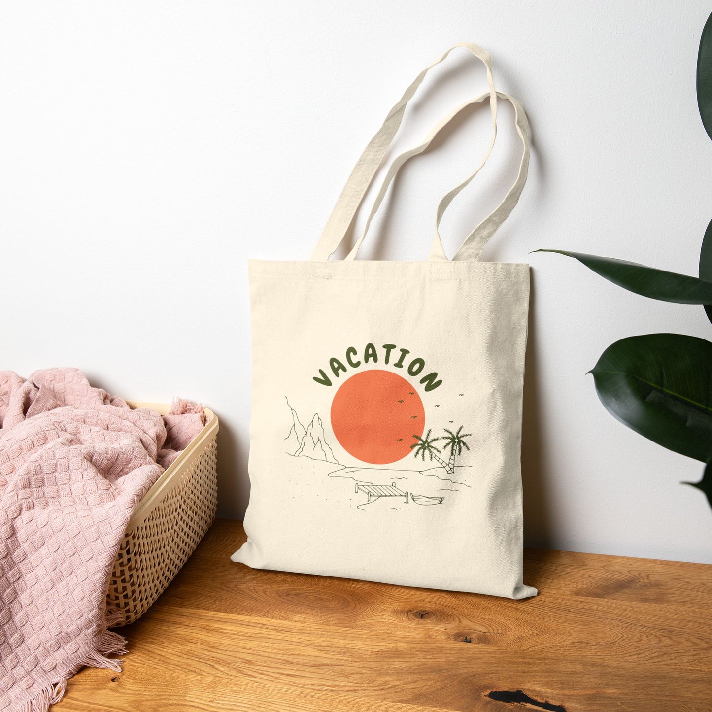Vacation Sun Tote Bag – Palm Tree Cotton Canvas Beach Shopper