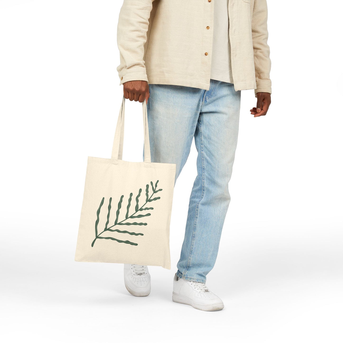 Green Fern Illustration Tote Bag – Botanical Cotton Canvas Reusable Shopper