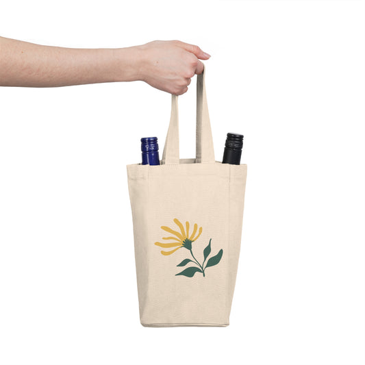 Yellow Floral Wine Tote Bag – 2 Bottle Cotton Canvas Carrier